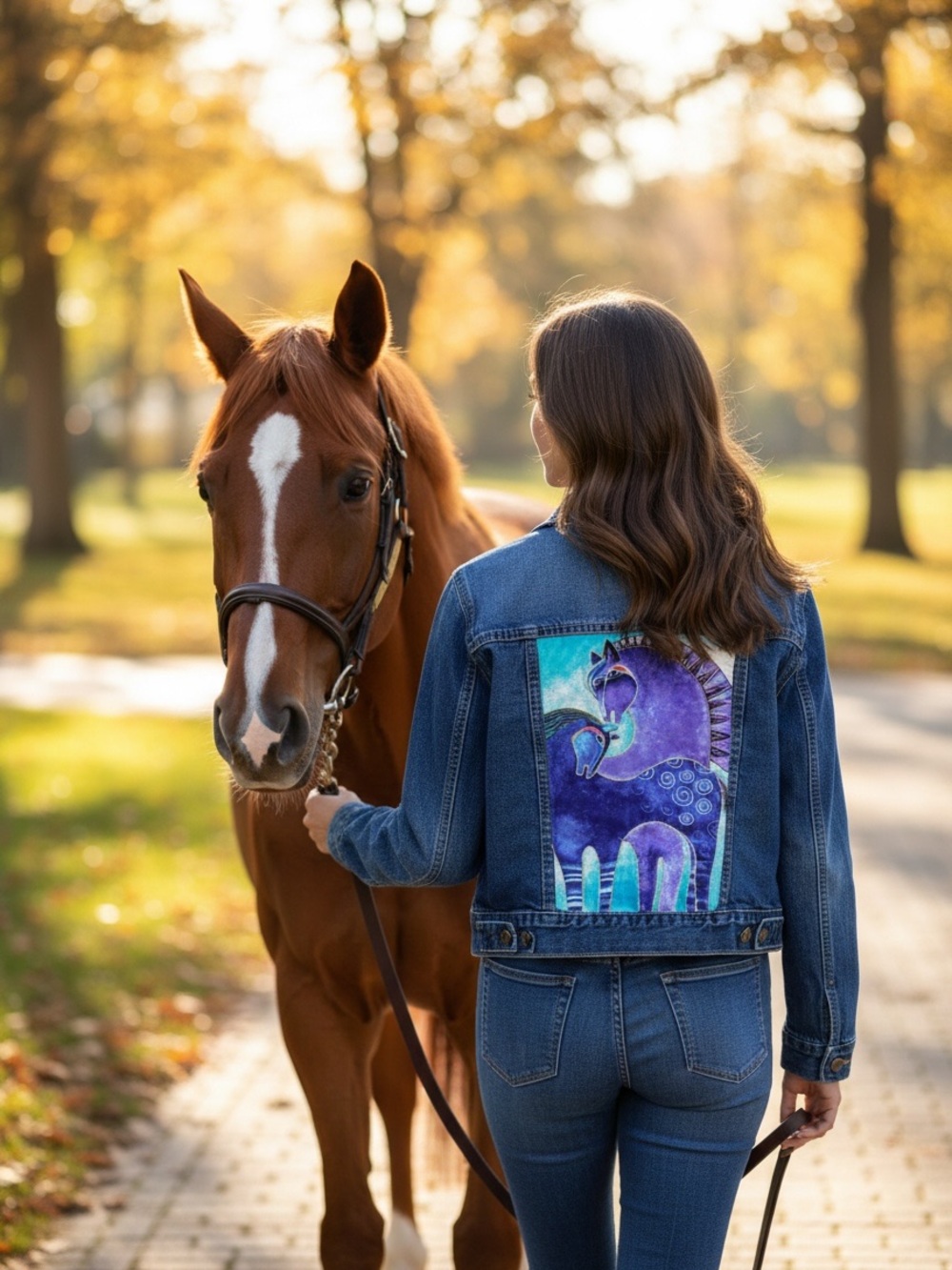 Old Navy Blue Denim Jacket with Purple Horse Back Panel